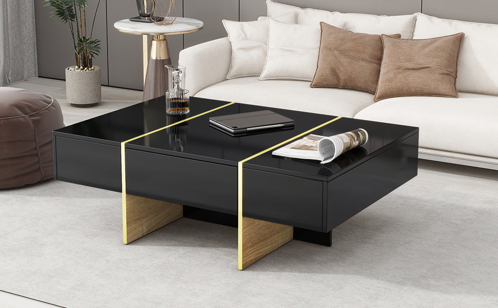 COFFEE TABLE -LIVING ROOM TABLE47.2 inch x 31.4 inch multifunctional rectangular sofa table with 2 drawers and gold wood grain leg center table, black