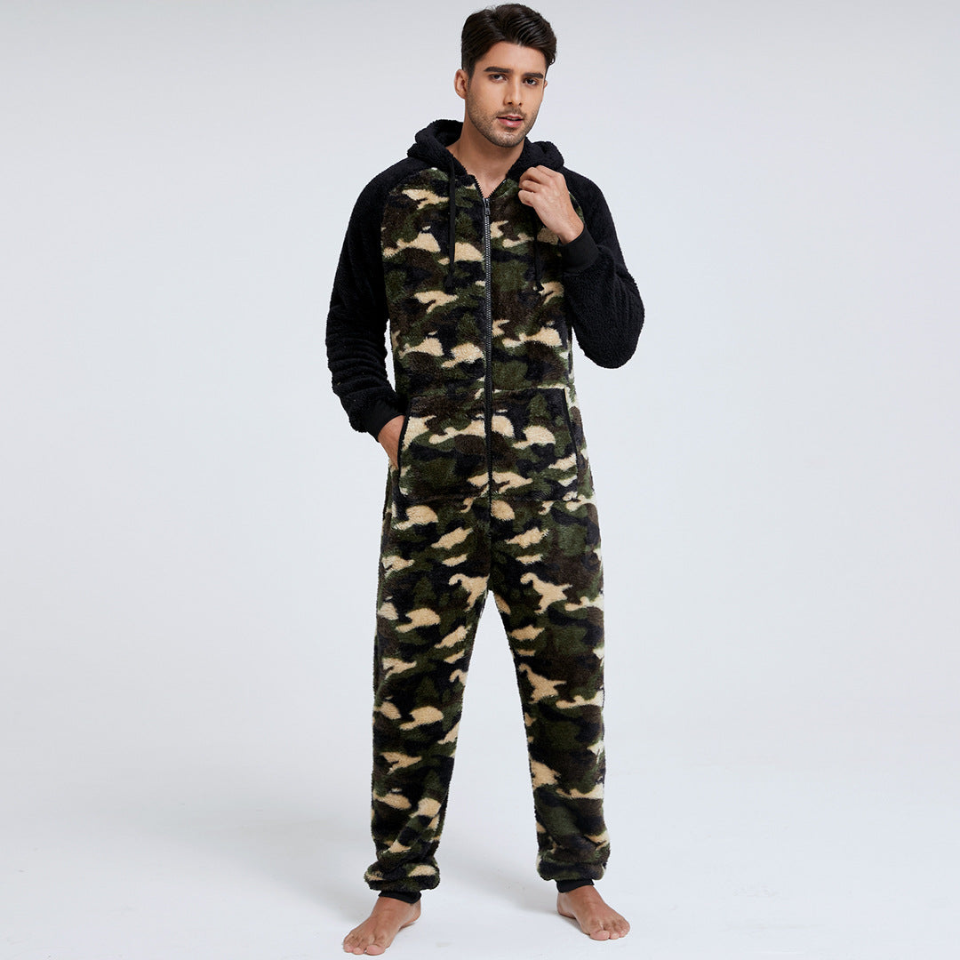 Men's hooded thick double-sided velvet camouflage jumpsuit home clothes pajamas