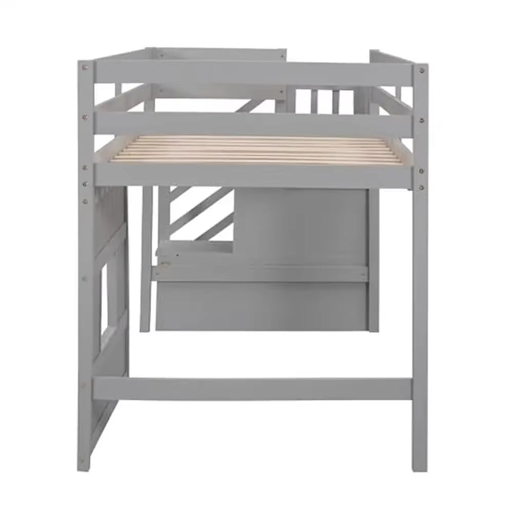 Twin Low Loft Bed with Stairs & Storage Kids Solid Pine Wood Gray Finish High Safety Guard Rails Shelves& Movable Desk Modern