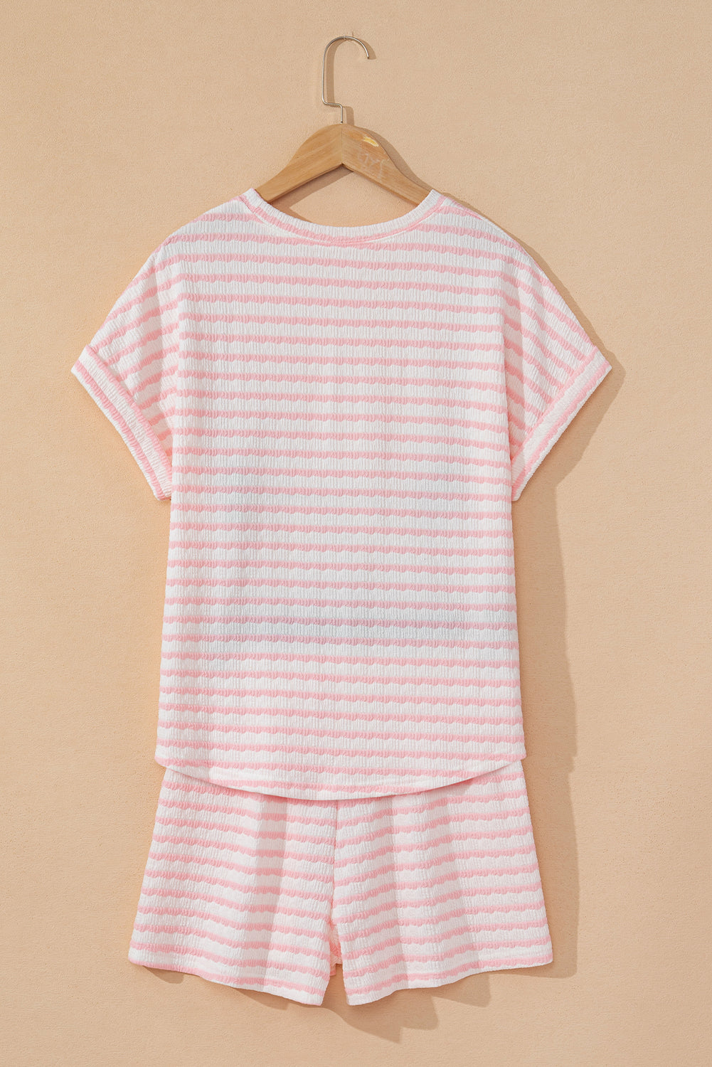 Women's Pink Striped Print Short Sleeve Top and Pocket Shorts Set