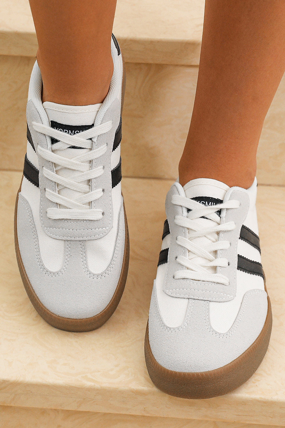 White Striped Lace Up Flat Sneakers