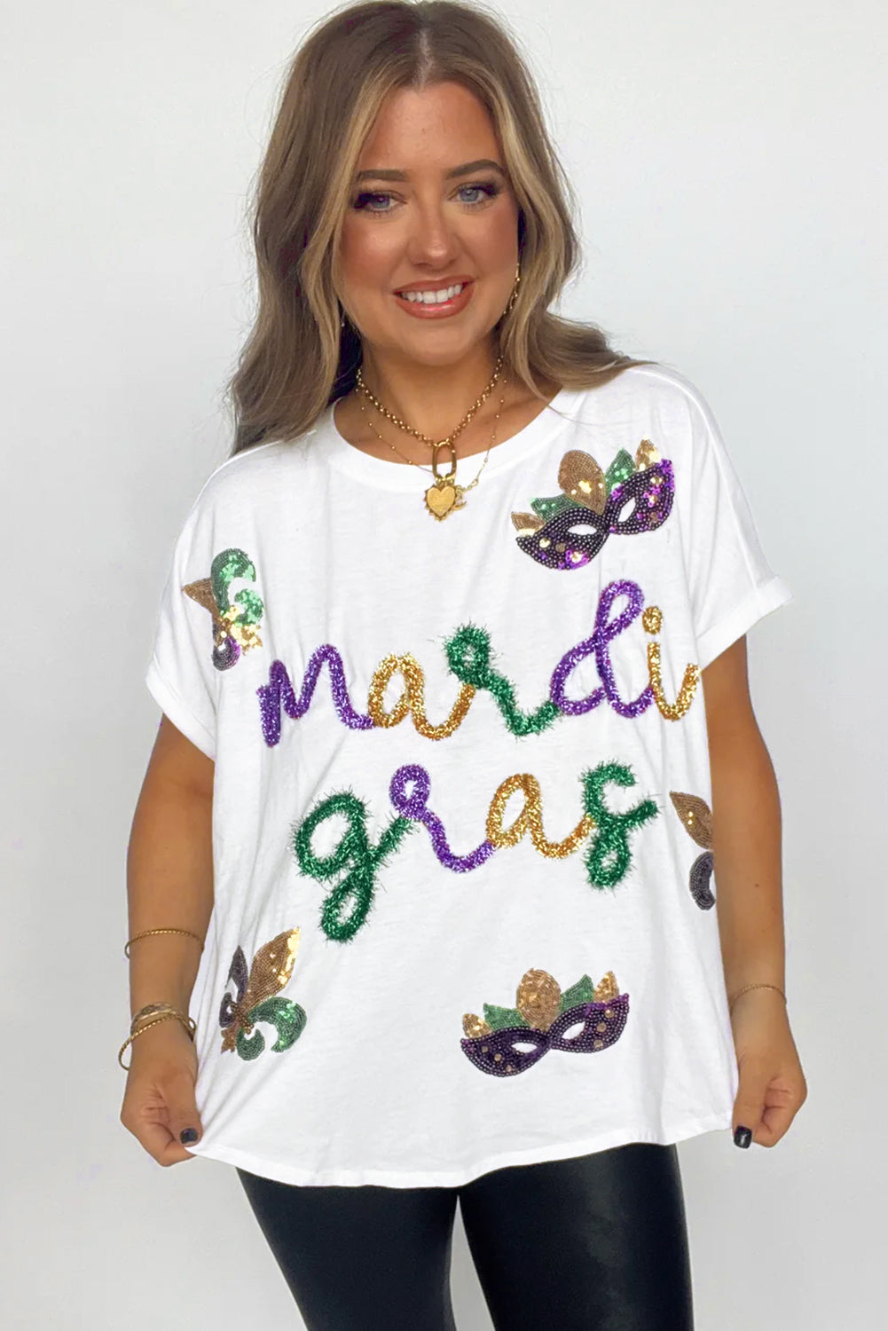 Women's White Tinsel Mardi Gras Sequin Graphic T Shirt