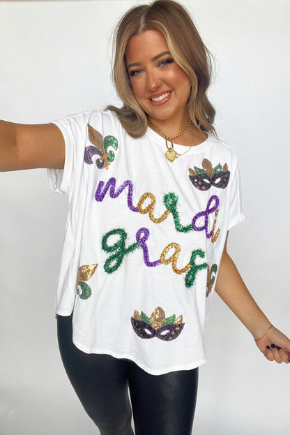 Women's White Tinsel Mardi Gras Sequin Graphic T Shirt