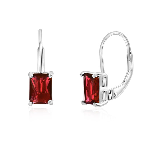 925 Sterling Silver Emerald Cut Created Red Ruby Earrings