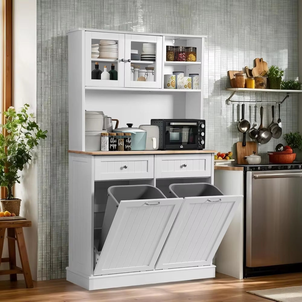 Kitchen Pantry Storage Cabinet, Microwave Cabinet with Tilt Out Trash Cabinet,Tall Pantry Cabinet Cupboard, Freestanding Kitchen