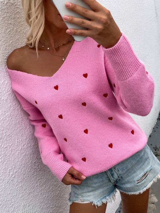 Women's V-Neck Heart Sweater