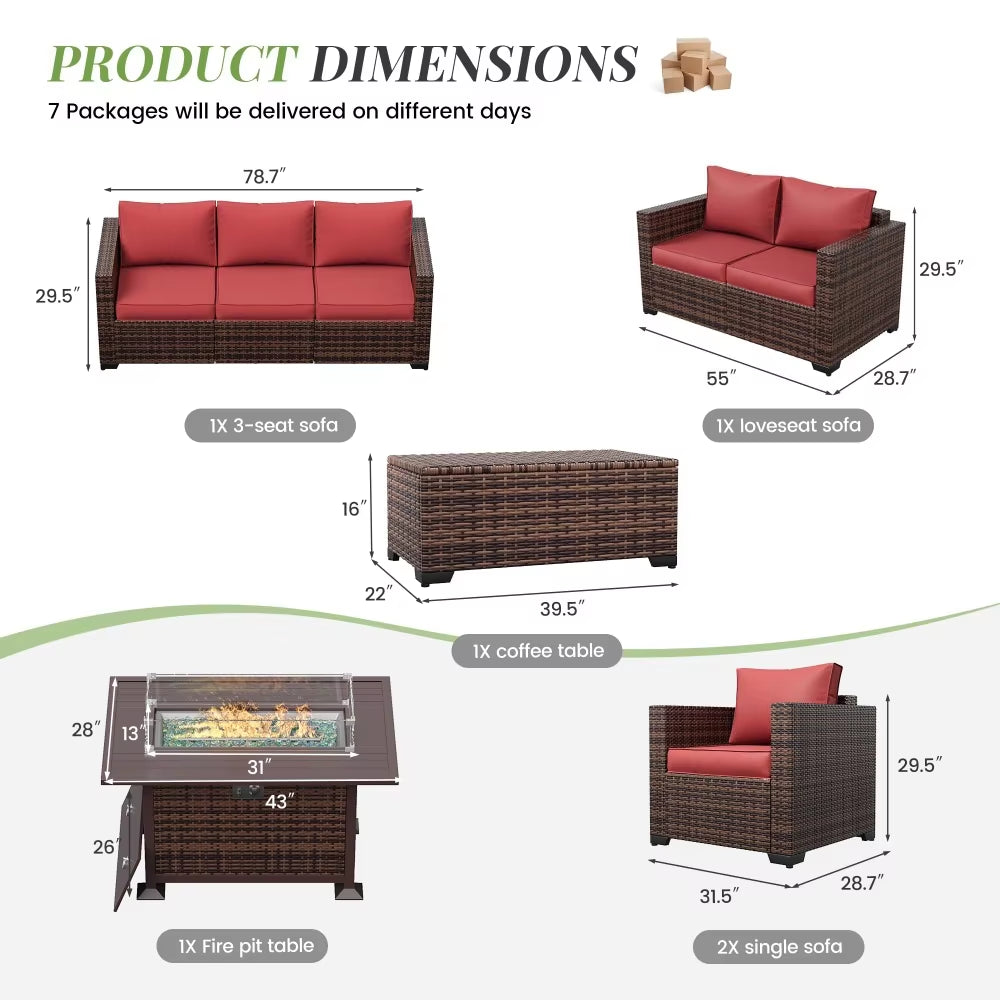 Garden Furniture 8 Pieces Set with 40" Fire Pit Outdoor Sofa Sets, Wicker Furniture Set with Coffee Table, Garden Furniture Sets