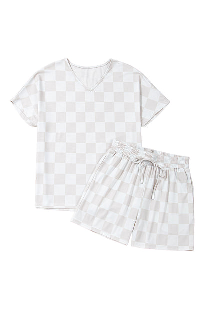 Women's Beige Checkered V Neck Tee and Drawstring Shorts Pajama Set