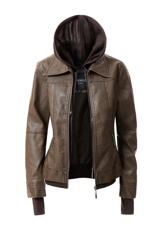 Women's Hood PU Leather Jacket