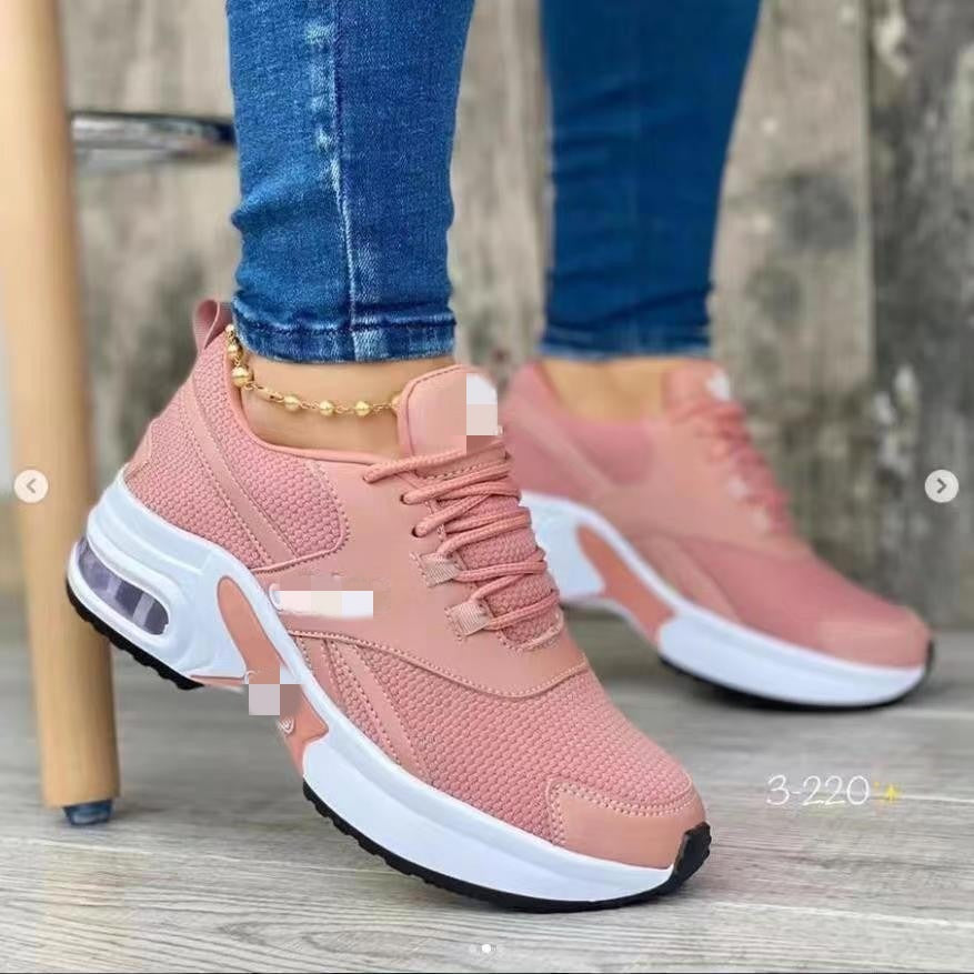 Fashionable low cut dad shoes with round toe, middle heel, lace up mesh, casual sports shoes for women