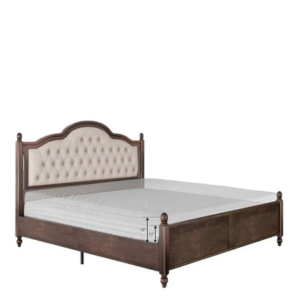 Solid Wood Bed Frame Queen Size,52.5" Upholstered Tufted Headboard, Rubberwood/Roman Column Accents/Support/No Box Spring Needed