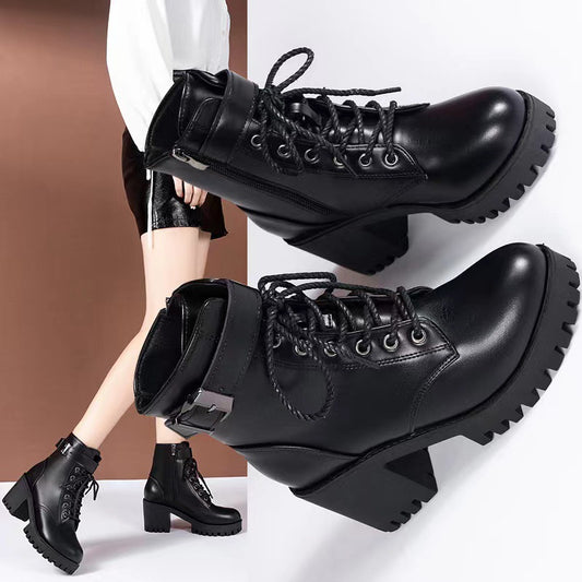 WOMEN'S BOOTS- Lace up round toe buckle with thick sole short tube women's fashionable boots