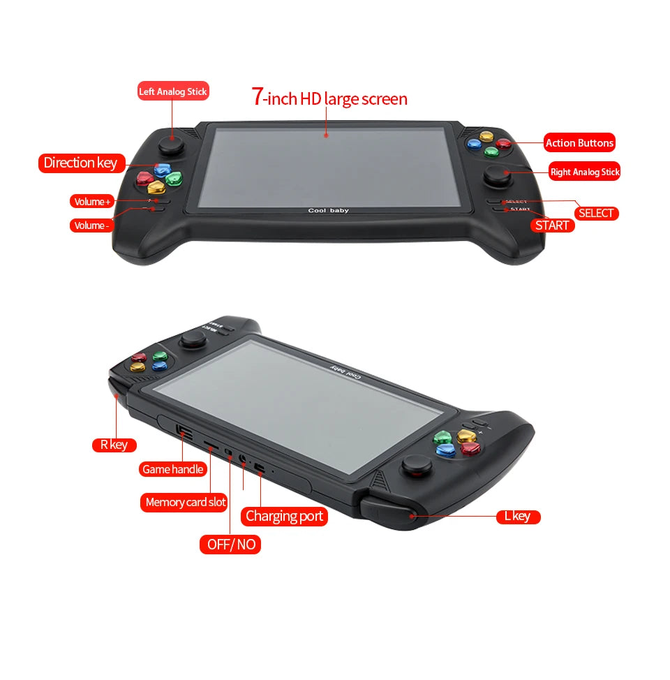 NEW Coolbaby HD 7 inch Retro handheld game console many emulators 48G 3000 games double Joystick for GBA NES retro game console