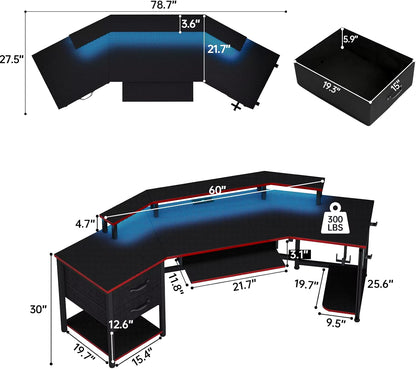 79" Gaming Desk, Computer Desk with 2 Fabric Drawers & LED Light, L Shaped Gaming Desk with Storage Shelf for Home Office