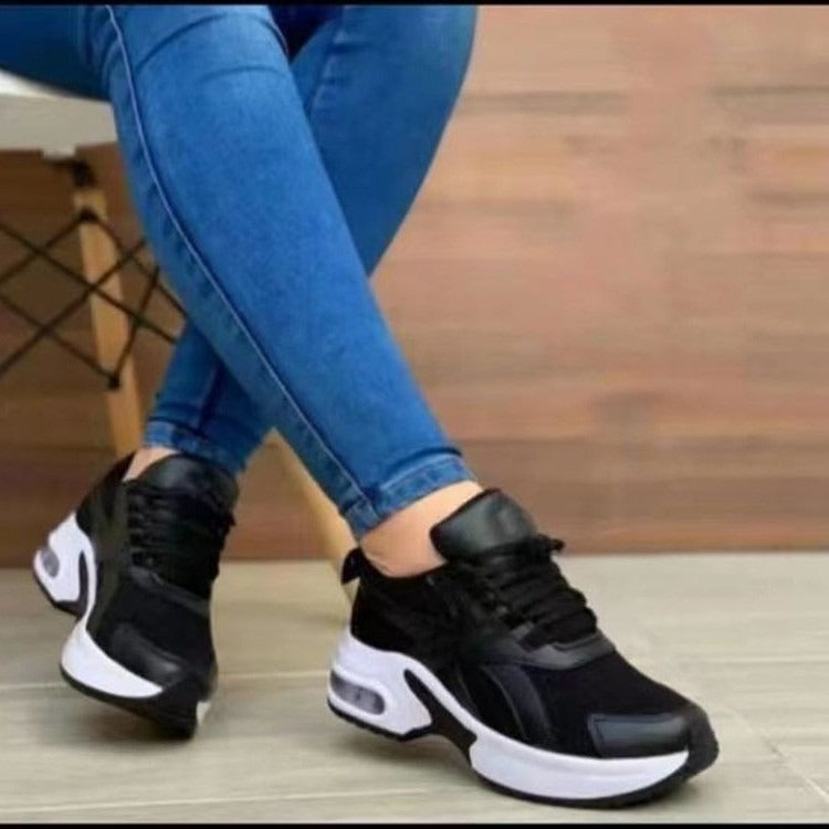 Fashionable low cut dad shoes with round toe, middle heel, lace up mesh, casual sports shoes for women