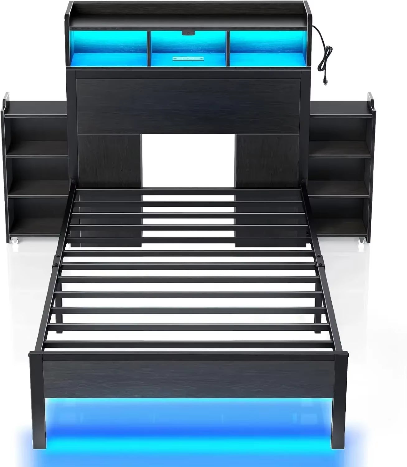 Bed Frame with Bookcase Storage Headboard, Slide Out Bedside Storage, Bed with Charging Station & LED Lights