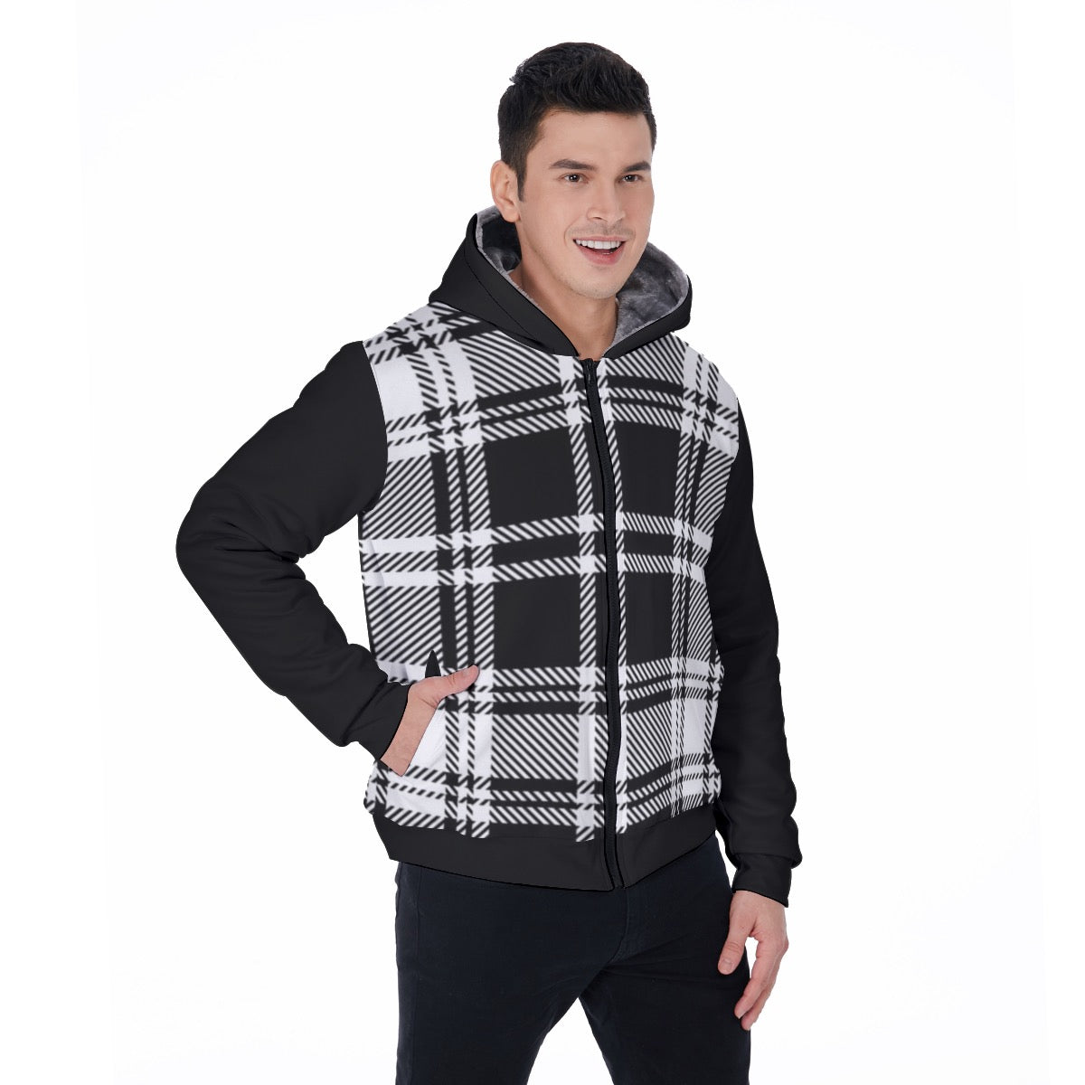 Men's Black Stripe Plaid Sherpa Fleece Zip Up Hoodie