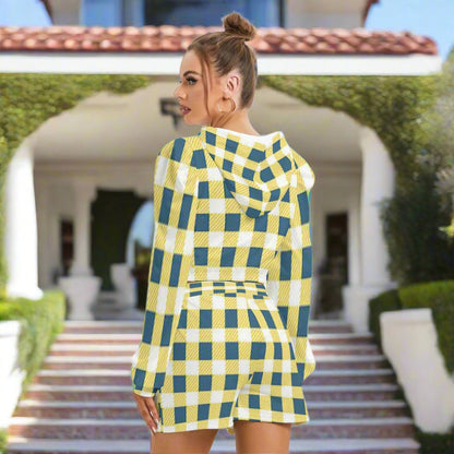 Women's Yellow Plaid Micro Fleece Hoodie And Shorts Set