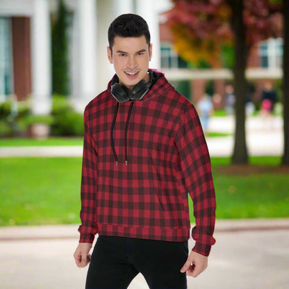 Men's Red & Black Checker Lumber Jack Design Thicken Pullover Hoodie