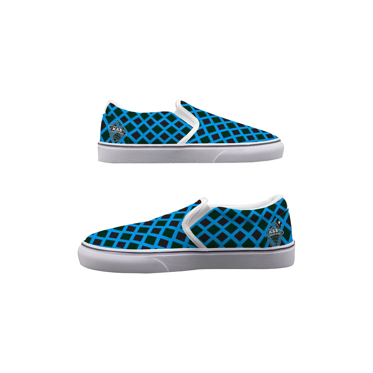 Men's Black & Blue Diamond Pattern Slip On Sneakers