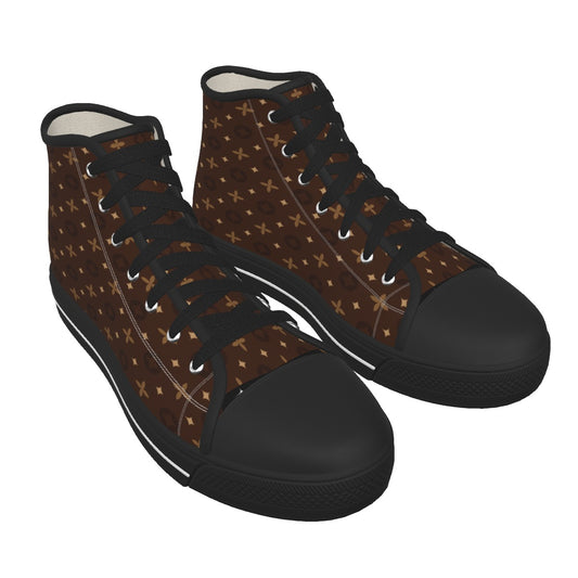 Men's Brown Temple Pattern Design Black Sole Canvas Shoes