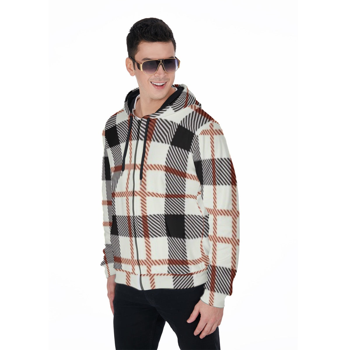 Men's White Plaid Heavy Fleece Zip Up Hoodie