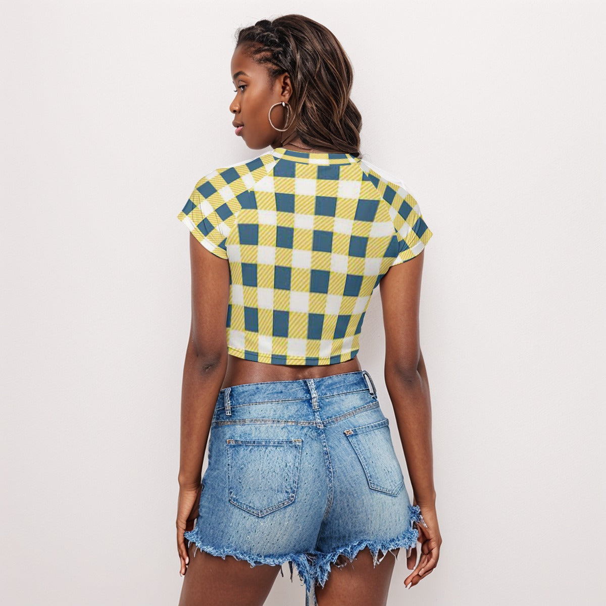 Women's Yellow Checker Design Raglan Cropped T-shirt