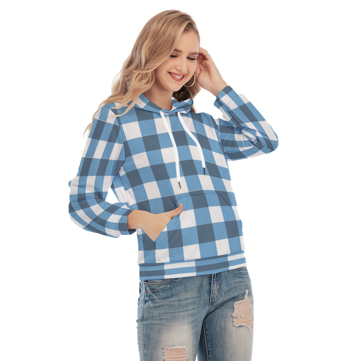 Women's Teal Plaid Slim Pullover Hoodie