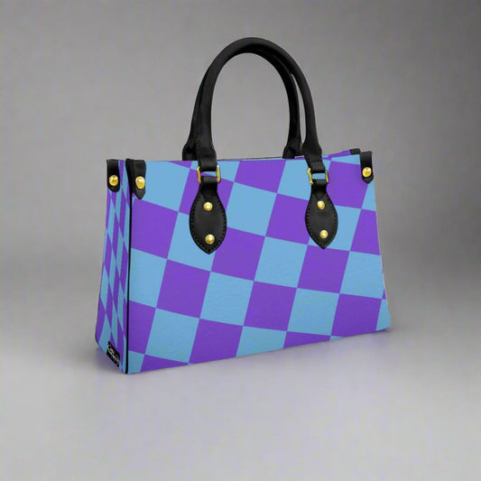 Women's Purple & Blue Checker Designer Tote Bag With Black Handle-Exclusive Limited Edition/Design -Limited Stock Sold