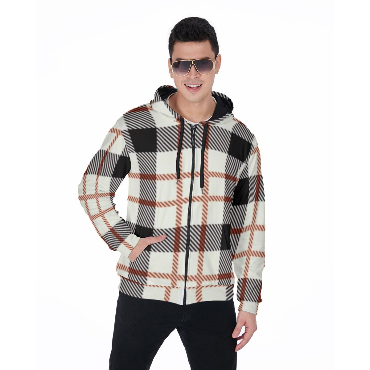 Men's White Plaid Heavy Fleece Zip Up Hoodie