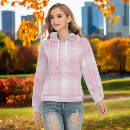 Women's Pink Plaid Slim Pullover Hoodie