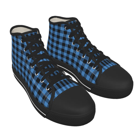 Men's Blue & Black Checker Pattern Design Black Sole Canvas Shoes