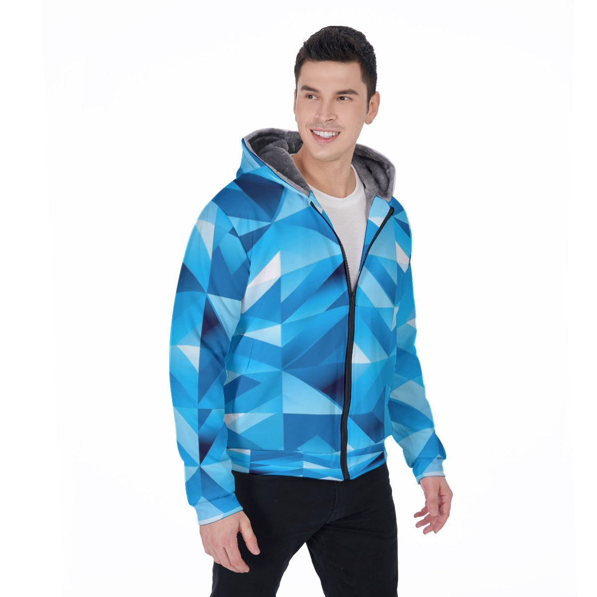 Men's Blue ICE Geometric Design Sherpa Fleece Zip Up Hoodie