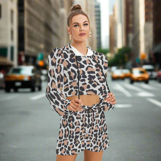 Women's Leopard Print Design I Mirco Fleece Hoodie And Shorts Set