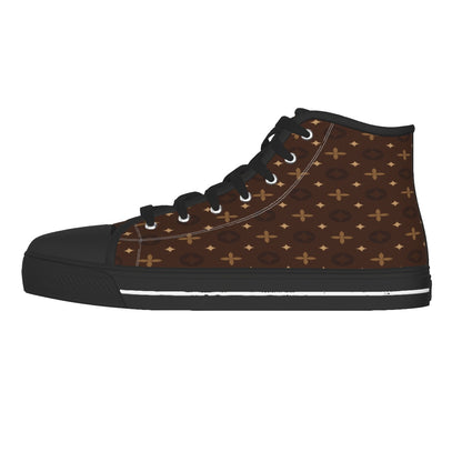 Men's Brown Temple Pattern Design Black Sole Canvas Shoes