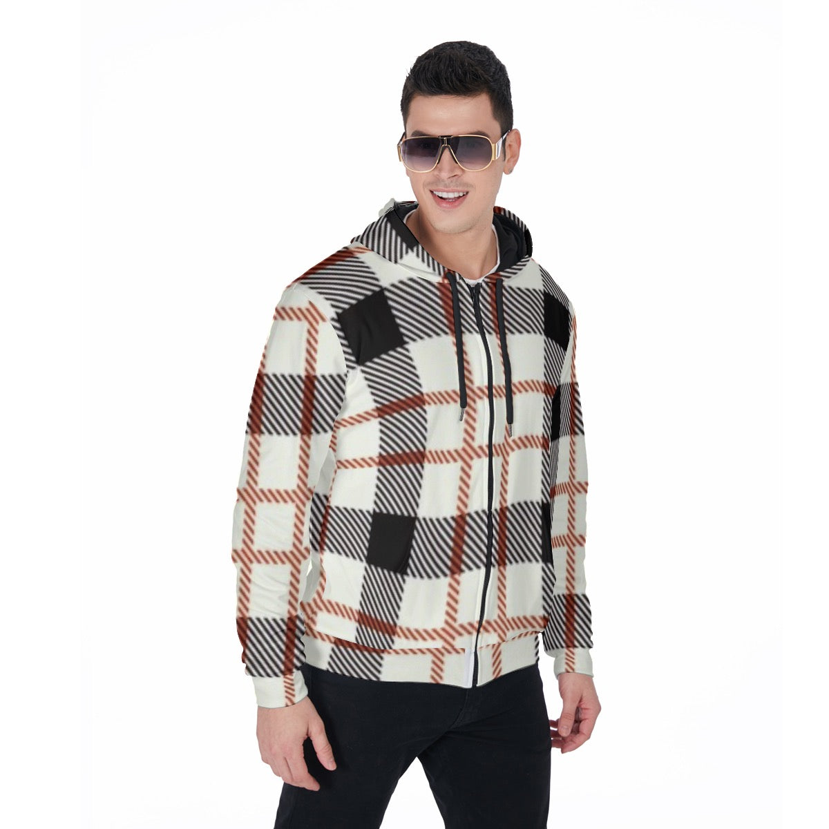 Men's White Plaid Heavy Fleece Zip Up Hoodie