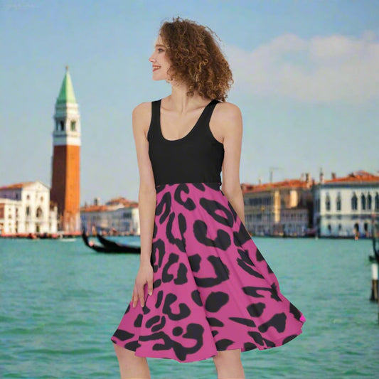 Black Top Pink Leopard Print Women's Sleeveless Dress