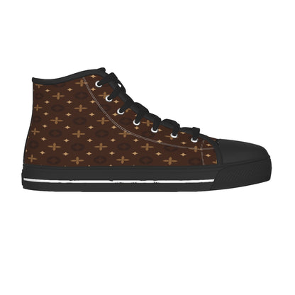 Men's Brown Temple Pattern Design Black Sole Canvas Shoes