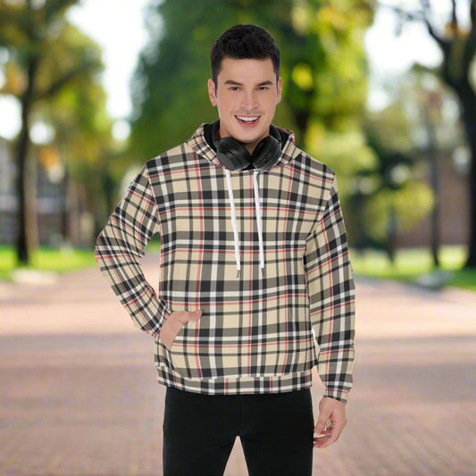 Men's Beige Plaid Thicken Pullover Hoodie