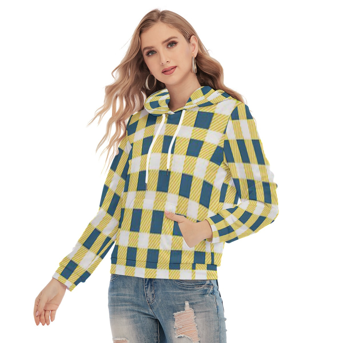 Women's Yellow Plaid Slim Pullover Hoodie