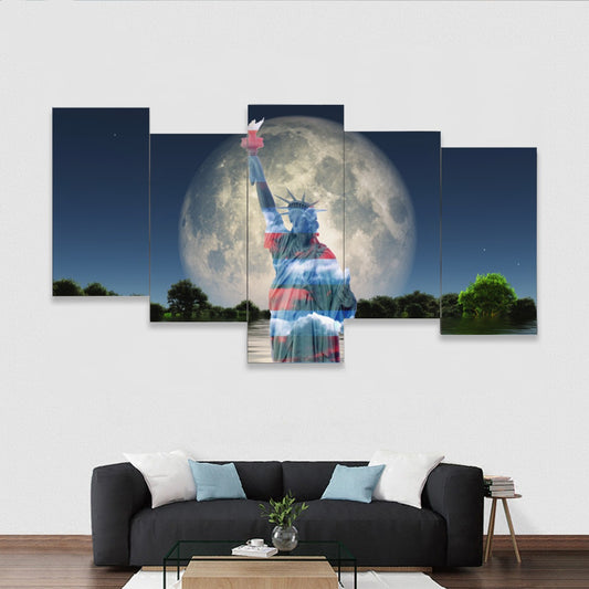 Statue Of Liberty reflecting Flag Framed five-piece mural