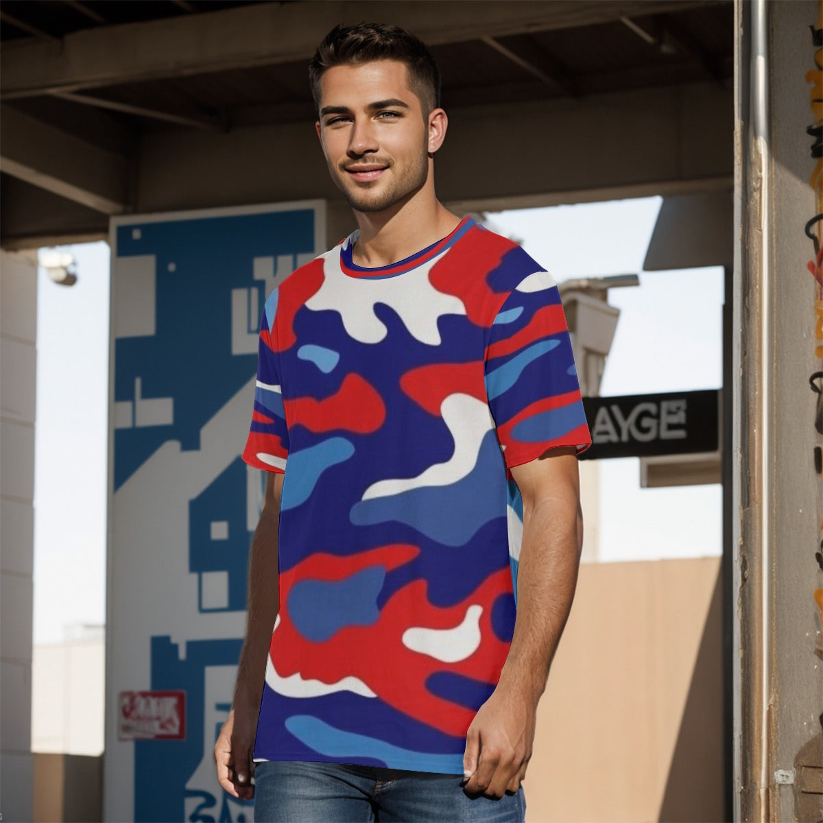 Blue/White/Red CAMO Men's O-Neck T-Shirt | 190GSM Cotton - K & S Concepts Inc