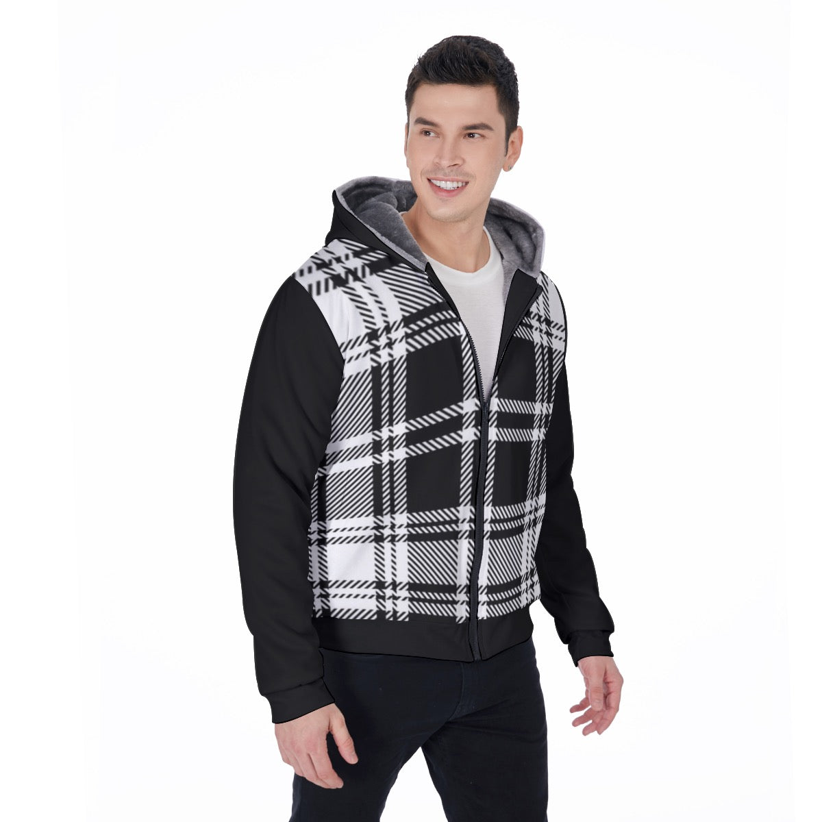 Men's Black Stripe Plaid Sherpa Fleece Zip Up Hoodie