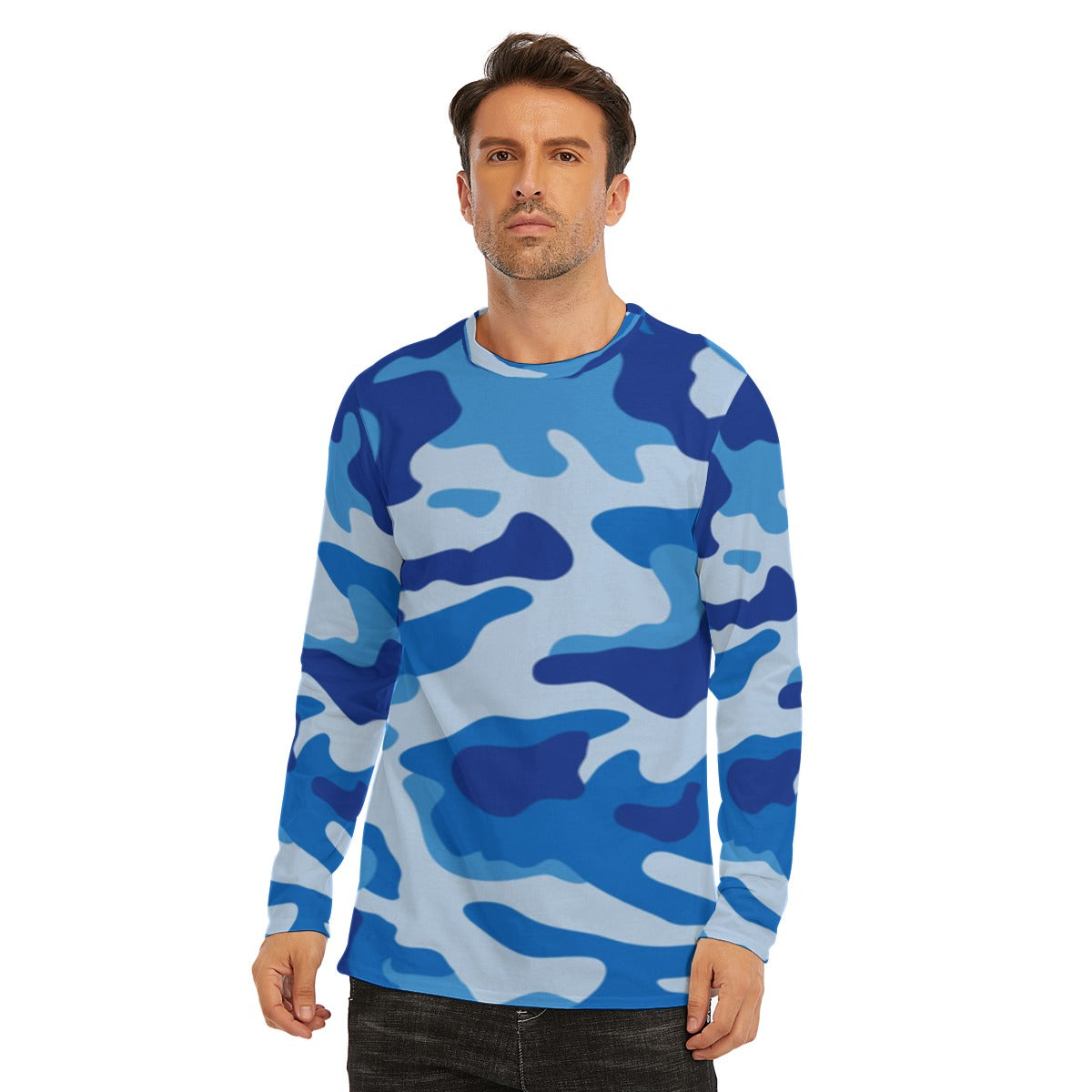 Men's Blue Camo Long Sleeve T-Shirt | Cotton