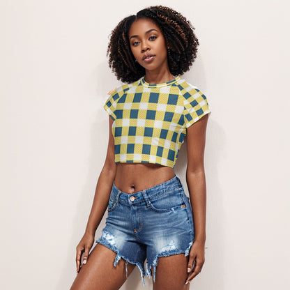 Women's Yellow Checker Design Raglan Cropped T-shirt