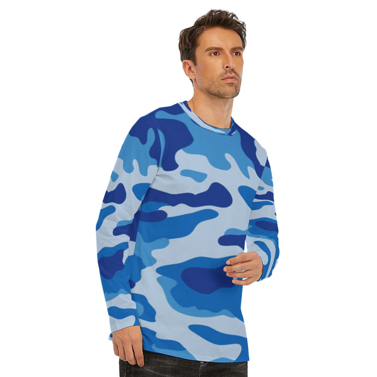 Men's Blue Camo Long Sleeve T-Shirt | Cotton