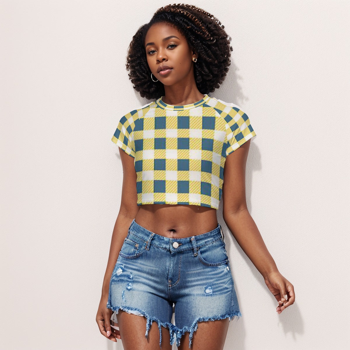 Women's Yellow Checker Design Raglan Cropped T-shirt