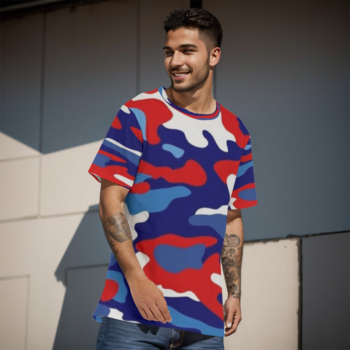 Blue/White/Red CAMO Men's O-Neck T-Shirt | 190GSM Cotton - K & S Concepts Inc