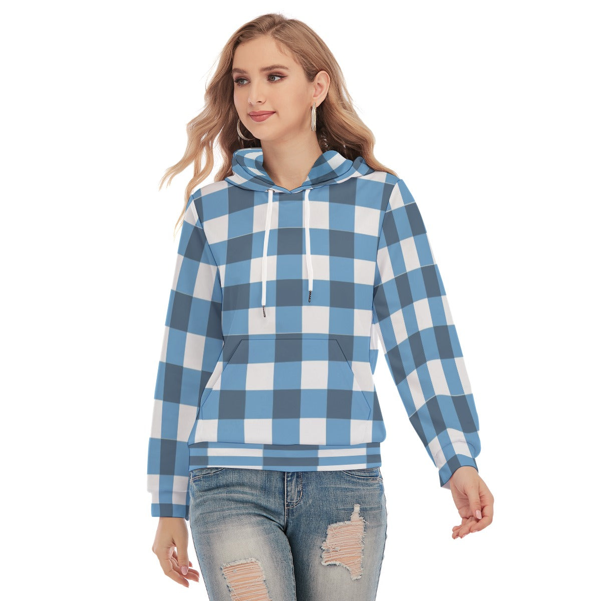 Women's Teal Plaid Slim Pullover Hoodie