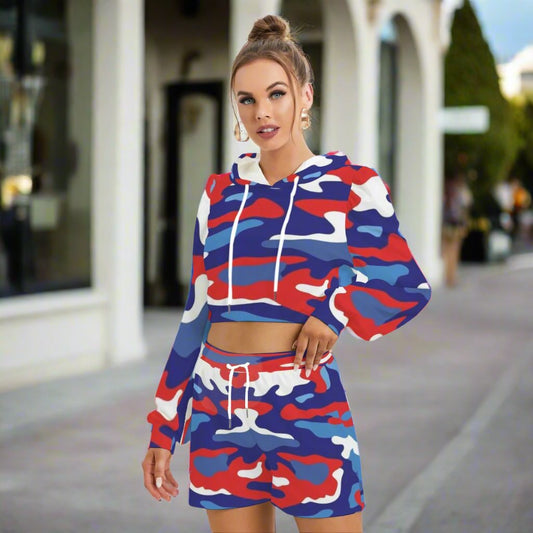 Women's Red Blue White Camo Micro Fleece Hoodie And Shorts Set